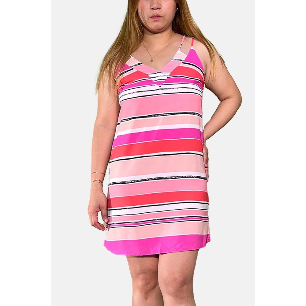 CeCe Womens 12 Shift Dress Pink Striped Mini V-Neck Sleeveless Tie Back NWT